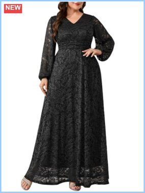 Plus Size Lace Formal Dress V Neck Wedding Guest Evening Gown